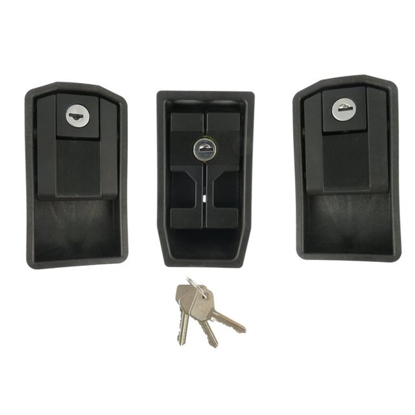 Picture of set of door handles 1 left + 1 right side + handle for rear bonnets inclusive lock and keys BLACK